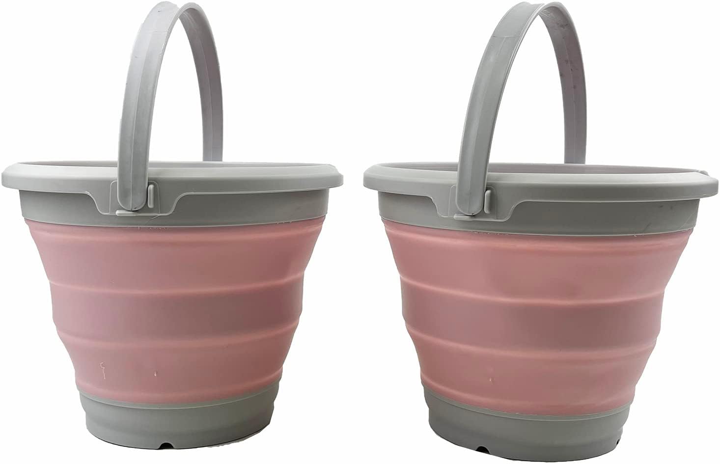 SAMMART Set of 2-5.5L (1.4 gallons) Collapsible Plastic Bucket - Foldable Round Tub with Hanle - Portable Fishing Bucket - Pop Up Saving Outdoor Waterpot. (Grey/Pale Pink (Set of 2))
