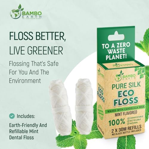 Biodegradable Mint Dental Tooth Lace Floss - 2X Refillable Flossers - 100% Organic Natural and Compostable Teeth Silk Spool - Waxed with Candelilla Wax & Eco-Friendly Zero Waste Packaging