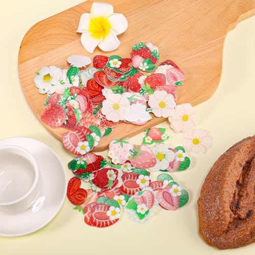 280pcs Edible Strawberry Cupcake Decorations, Strawberry Flower Birthday Cake Toppers Party Floral Decoration Supplies for Sweet Themed Party