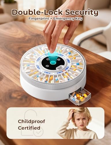 Betife Automatic Pill Dispenser for Elderly with Alarm – 31-Day Smart Bluetooth Pill Box, App Support, Fingerprint + Key Dual Lock, Arthritis-Easy Open, Plug-in/Battery Backup, Monthly Timer Dispenser