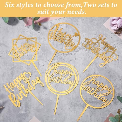 12 Pcs Gold Happy Birthday Cake Toppers, Acrylic Birthday Cupcake Toppers Glitter Birthdays Cupcake Topper Double-Sided Cupcakes Pick for Birthdays Party Cake Desserts Pastries Decorations