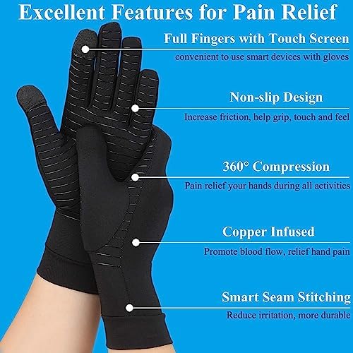 2 Pairs Copper Arthritis Gloves for Hand Pain, Full Finger Compression Gloves for Men Women, Relieve Swelling, Carpal Tunnel, Support Wrist, Joint for Crocheting (Touch Screen, Small)