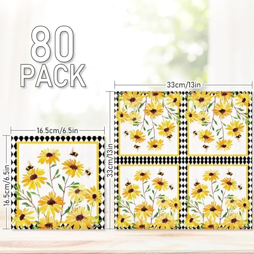 JarThenaAMCS 80 Pcs Sunflower Luncheon Napkins Floral Bee Disposable Paper Napkin Decorative Diamond Check Dessert Dinner Hand Napkin for Summer Party Supplies Decor