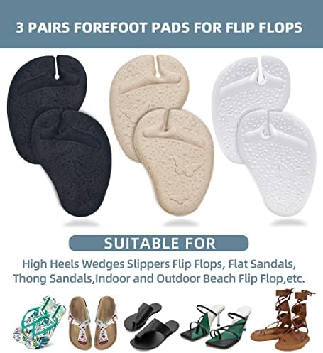 Metatarsal Pads Ball of Foot Cushions for Women and Men, Anti-Slip Flip Flop Pad, 3 Pairs Self-Adhesive Gel Forefoot Pads for Thong Heels Sandals (Transparent + Black + Beige)