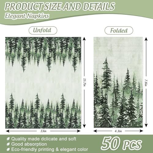 JarThenaAMCS 50Pcs Green Misty Forest Guest Napkins Woodland Paper Napkin Disposable Pine Tree Dinner Hand Towel Napkin for Bathroom Party Table Supplies