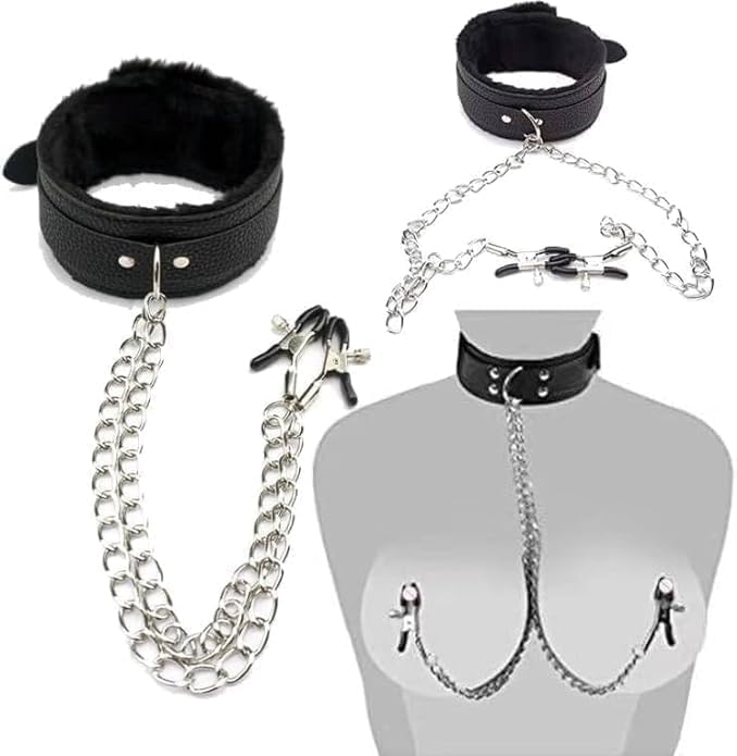 Metal Clip Stainless Steel Non Piercing Nipple Clips Rings with Choker Chain Restraint Body Piercing Sex Toys for Couples Women Men Black Neck Collar & Nipple Clamps Sweater CBY-3Q