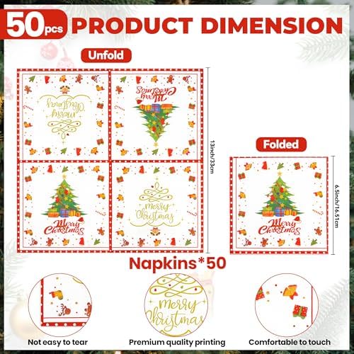 50 PCS Merry Christmas Paper Napkins - 6.5 x 6.5 Inch Xmas Tree Luncheon Napkins Disposable Double-Sided Dinner Napkin for Christmas Holiday Birthday Party Decoration