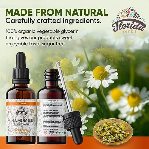 Chamomile Tincture, Organic Chamomile Extract (Matricaria Recutita) Dried Flowers, Non GMO Gluten Free in Cold-Pressed Organic Vegetable Glycerine 670 mg 2 Oz (60 ml)