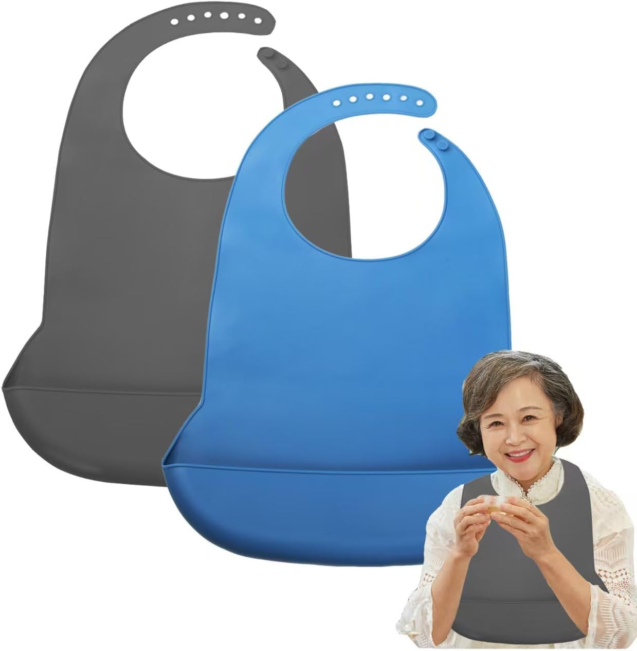 Silicone Adult Bib, Adjustable and Washable Bib for Men & Women, Waterproof for Elderly with Crumb Catcher