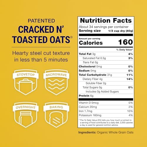 COACH'S OATS Organic Whole Grain Oatmeal (48 oz) Pack of 2 | Cracked n’ Toasted | Quick-Cooking, Steel Cut Texture | Heart-Healthy, Delicious Breakfast | Microwavable, Stovetop, Overnight Oatmeal
