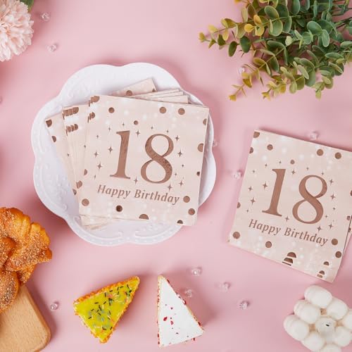 18th Birthday Decorations for Girls - 50PK - Happy 18th Birthday Napkins 18 Year Old Birthday Decorations 5x5 Inches, Disposable Cocktail Napkins Paper for 18th Birthday Party Decoraiton Rose and Gold
