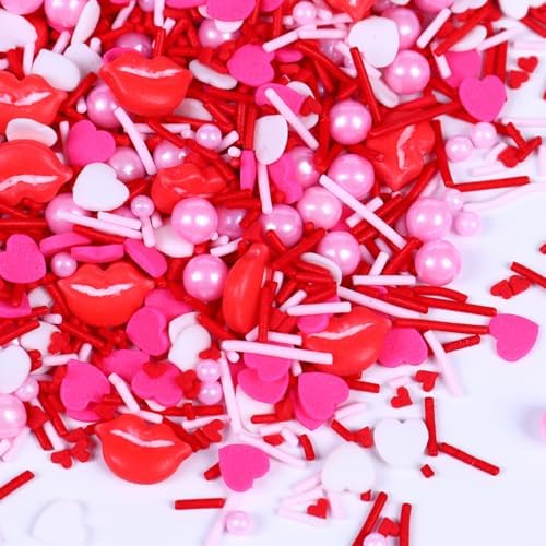 Valentines Sprinkles for Baking, Pink and Red Sprinkles, Heart Jimmies Pearl Sprinkle for Cake Toppers, Kiss Lips Sprinkles Mix 3oz