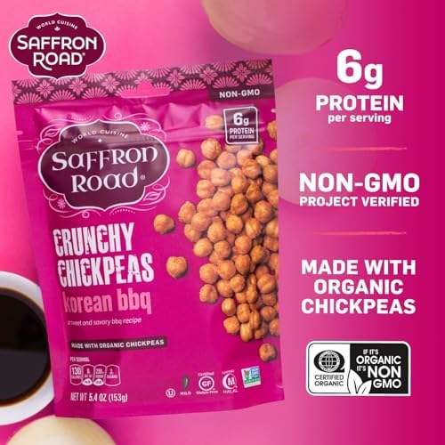 Saffron Road Roasted Korean BBQ Crunchy Chickpeas | High-Protein, Vegan, Gluten-Free, Non-GMO, Halal & Kosher Certified Snack | 5.4 oz Resealable Pouch | Pack of 6