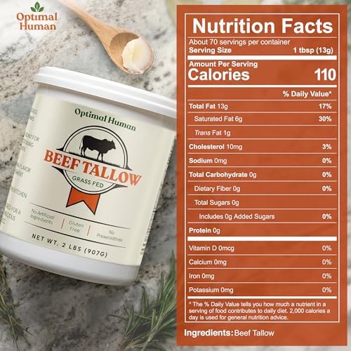100% Organic Grass-Fed Beef Tallow For Cooking – Traditional High-Heat Cooking Fat for Searing, Frying, Roasting & Sautéing – No Seed Oils & No Additives - Farm Raised Beef Tallow
