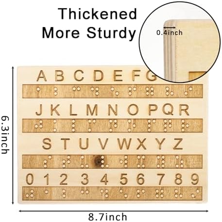 SOUJOY Wood Braille Alphabet Board, 0.4'' Thickened Braille Fingerboard with 2mm Carved Raised Dots, Letters & Numbers, Suitable for Blind Visually Impaired