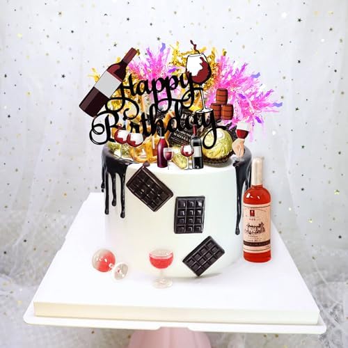 Red Wine Happy Birthday Cake Topper,Wine Glass Cake Decorations Red Wine Party Decorations for 40th 50th 60th Happy Birthday Party Supplies Set for Men Women