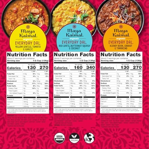 Maya Kaimal Foods - Organic Indian Everyday Dal - 6 pack variety of 10oz Ready to Eat Meals - Fully Cooked - Vegan - Kosher - Microwavable - made from Lentils, Beans, Squash, Coconut, Peas