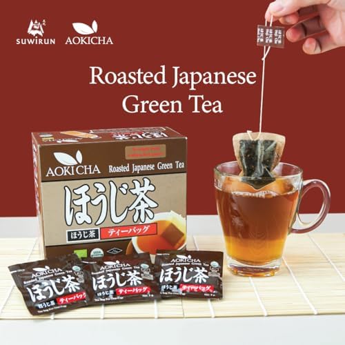 Suwirun Aoki Cha Organic Hojicha 50 Bags – Japanese Roasted Green Tea – Smooth, Bold & Naturally Sweet – Low Caffeine, Eco-Friendly, Unbleached Tea Bags for Hot & Cold Brew