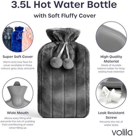 Hot Water Bottle with Cover XXX Large - 3.5L Grey Hot Water Bag for Pain Relief - 118Fl Oz Extra Large Washable Soft Faux Fur, Big Hot Water Pack for Sore Muscles, Period Cramps, Hot and Cold Compress