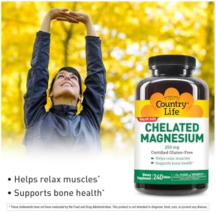Country Life, Chelated Magnesium 250mg, Supports Bone and Immune Health, Daily Supplement, 240 ct