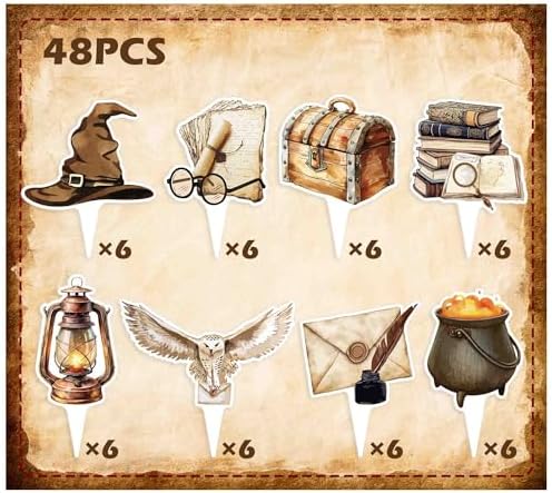 48PCS Wizard Cupcake Toppers，Magical Party Cake Decorations for Birthday Baby Shower Party Themed Supplies