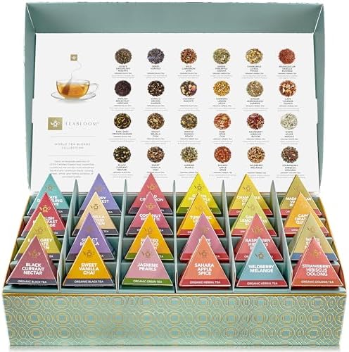 Teabloom - World's Finest Pyramid Tea Collection, 24 Varieties of USDA Certified Organic & Kosher Teas - Black Tea, Green Tea, White Tea, Oolong Tea, and Herbal/Fruit Tea Blends