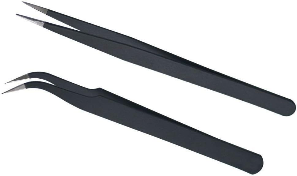 AKOAK The Best Precision Anti-Static Stainless Steel Professional Slim Tip-point and Curved Point Tweezers for Eyelash Extension,Nail Art,Electronics and Jewelry Making,Pack of 2
