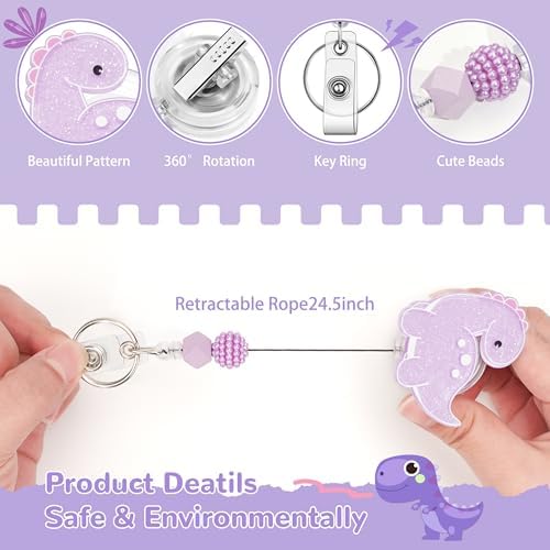 Badge Reel with Alligator Clip ID Cute Retractable Badge Holder Reel Acrylic Nurse Badge Clip for Office Workers, Doctors, Nurses,Medical Students and Teachers (Dinosaur)