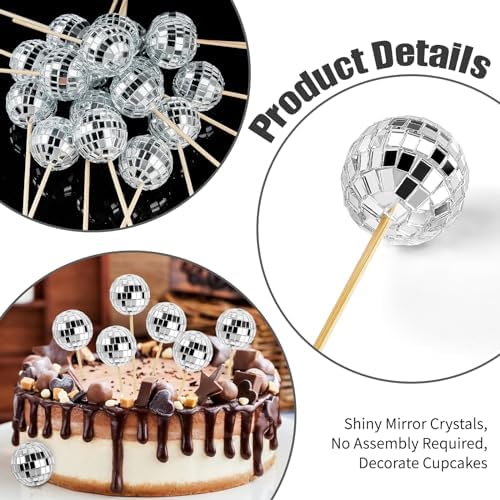 24 PCS Disco Ball Cupcake Toppers, Small Disco Ball Cake Picks 1970s Disco Theme Cake Decorations for Birthday Party Favor