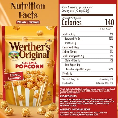 Werthers Caramel Crunch Topping Popcorn Duo Pack – Classic & Salted Caramel Flavours, 2 × 5.29 oz Resealable Popcorn Bags – Gourmet Sweet & Salty Snack Box Gifts for Movie Nights