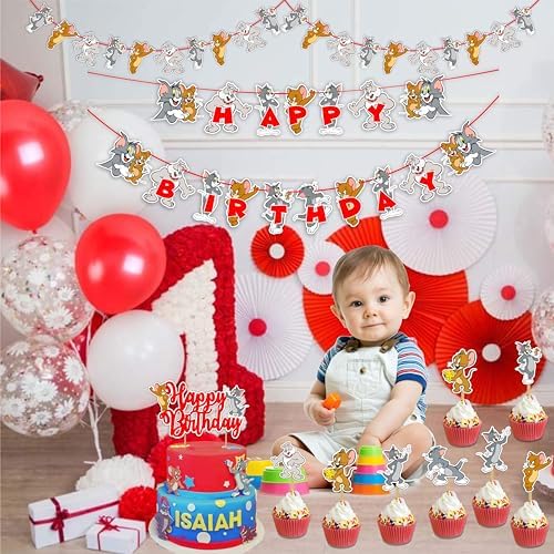 "Tom & Jery Theme Birthday Party Supplies – Cartoon Character – Complete Birthday Decoration Set with Banner, Cake Topper, Cupcake Toppers and Party Accessories for Boys & Girls"