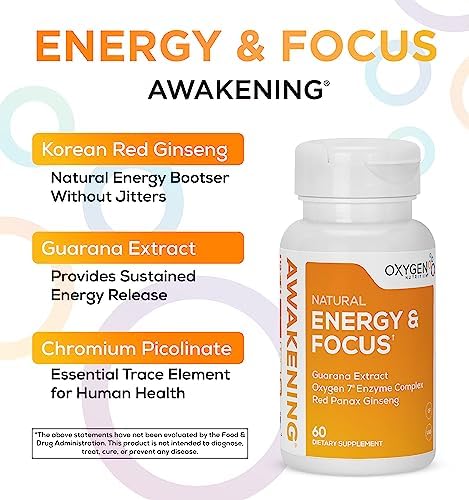Awakening Natural Energy & Focus Supplement with Panax Ginseng, Guarana Extract & Chromium Picolinate | Brain Supplement for Focus, Energy, Mood & Clarity | Gluten Free Veggie, USA - 60 Caps