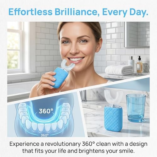 U Shaped Toothbrush for Adults, Automatic Sonic Electric Toothbrush, Full Mouth 360° Oral Cleaning & Stain Whitening, IPX7 Waterproof Rechargeable, 3 U-Shape Brush Heads & 2 Straight Brush Heads