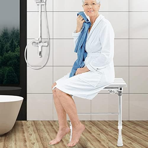 Folding Shower Seat Wall Mounted with Legs, Foldable Shower Chair for Inside Shower, Fold Down Shower Bench for Seniors (White, Height Adjustable)