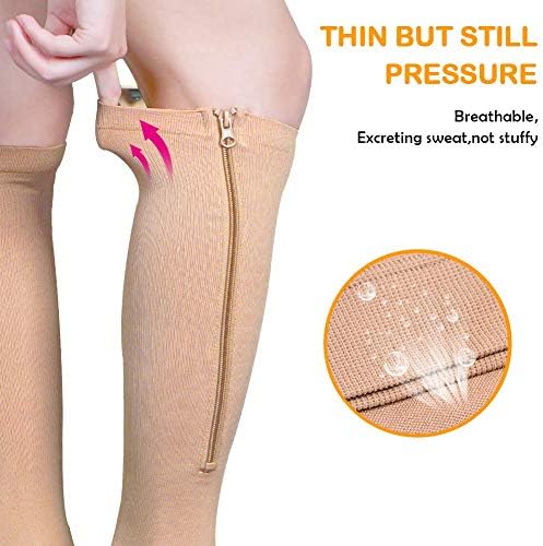 Compression Socks Stretchy Zipper Leg Support Open Toe Knee Stockings Unisex (3 Pairs)(XXL)