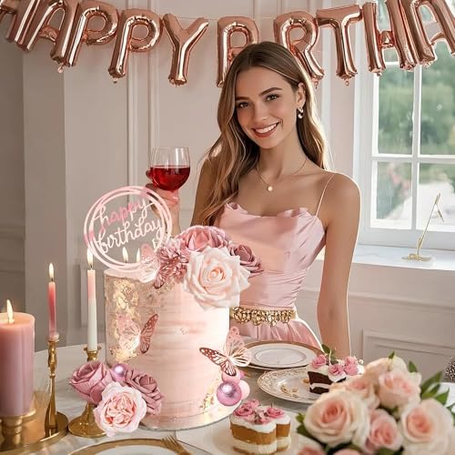 Flower Cake Toppers, Happy Birthday Rose Gold Cake Decorations with Artificial Flowers Butterfly Balls for Wedding Baby Shower Birthday Party Supplies