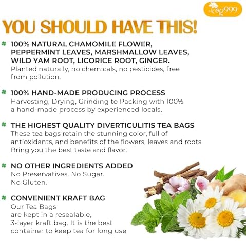 TOG999, Diverticulitis Tea Bags | 80 Count | 100% Natural Chamomile, Peppermint, Marshmallow Leaf, Wild Yam Root, Licorice & Ginger Herbal Blend – Caffeine-Free Comfort Tea, Vegan.