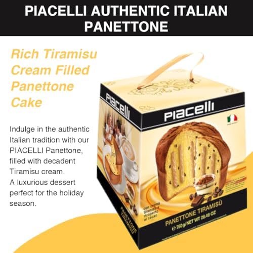 PIACELLI Authentic Italian Panettone Filled with Rich Tiramisu Cream - Classic Panettone Directly Imported from Italy - Luxurious Holiday Cake Ideal for Christmas, & Special Celebrations - 750g
