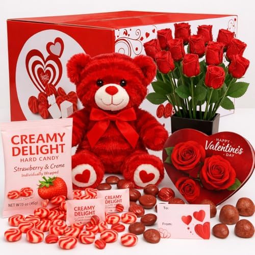 Valentines Day Gift Box with (Red or White) Beaer Belgian Chocolates Roses, Strawberry Creamy Delight Hard Candy and Chocolate Assortment, Romantic Gift for Her or Him