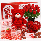 Valentines Day Gift Box with (Red or White) Beaer Belgian Chocolates Roses, Strawberry Creamy Delight Hard Candy and Chocolate Assortment, Romantic Gift for Her or Him