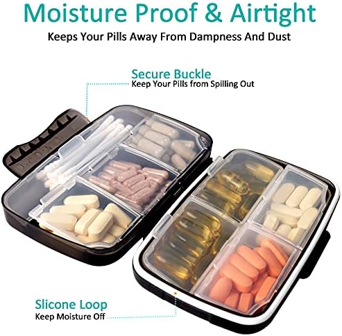 Travel Pill Organizer Large Portable Medication Organizer, Fullicon Oversize 8 Compartment Pill Box, Vitamin Travel Case Pill Holder - Airtight & Moistureproof (Blue)