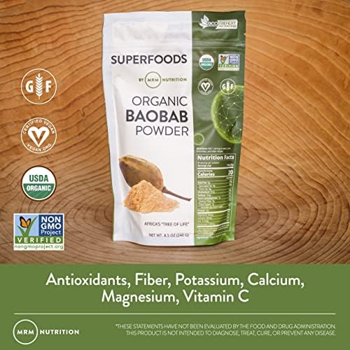 MRM Organic Baobab Powder - For Women & Men - USDA Organic Baobab Fruit Powder Superfood with Fiber, Antioxidants & Vitamin C for Smoothies, Juices & Daily Nutrition, Vegan, Gluten-Free - 40 Servings