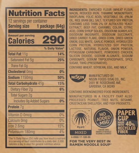 Nissin Cup Noodles Soup, Beef Flavor, Microwaveable Paper Cups, Instant Ramen, 2.25 Ounce (Pack of 12)