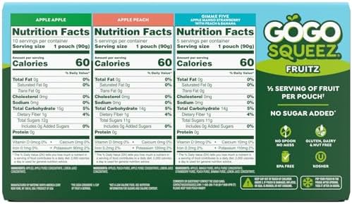 GoGo squeeZ Applesauce and Fruit Puree Variety Pack, Apple, Peach & Gimme Five!, 3.2 oz (Pack of 20), Unsweetened Fruit Snacks for Kids, Gluten Free, Nut Free, BPA Free Pouches (Packaging May Vary)