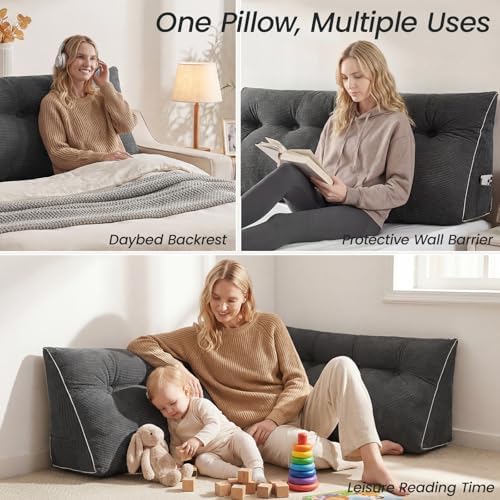 Sasttie Headboard Pillow Queen, Triangular Wedge Pillow Headboard, Wedge Headboard Pillow for Bed Sofa, Daybed Pillows for Sitting up, Reading or Working with Removable Cover, Dark Grey