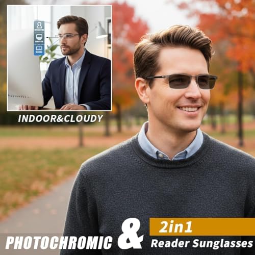 FEISEDY Blue Light Blocking Photochromic Multifocal Progressive Reading Glasses Vintage Half Frame UV400 Protection B1388