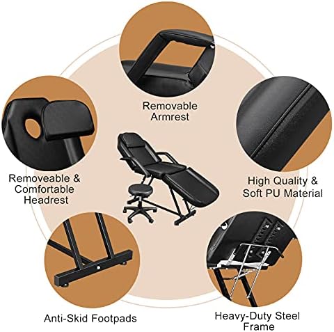 OmySalon Massage Salon Tattoo Chair Esthetician Bed with Hydraulic Stool,Multi-Purpose 3-Section Facial Bed Table, Adjustable Beauty Barber Spa Beauty Equipment, Black