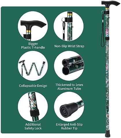 Walking Cane, Folding Cane for Man & Women, Portable Lightweight | 5-Level Adjustable Height, Collapsible Cane for Seniors Balancing Mobility Aid