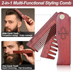 2 In 1 Folding Pocket Comb - Wooden Beard & Hair Styling Tool for Men, Fine Tooth & Wide Tooth Small Comb for Grooming Hair, Beards and Mustache, 180° Rotatable for Outdoor Travel & Home Use