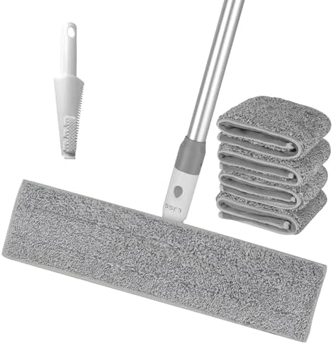 Flat Microfiber Mop for Floor Cleaning, 15.7 in (40 cm) Aluminum Base, 4-Section Aluminum Handle 52 in, Dry & Wet Use, 4 Washable Pads, Debris Scraper – LJGG (Gray/White)